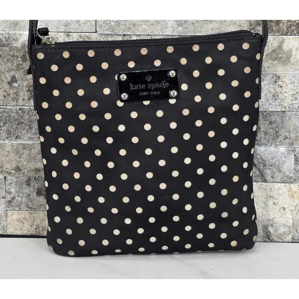 Vintage Y2K Kate Spade Polka Dot Crossbody Small Black Bag Patent Leather Strap - Picture 2 of 13